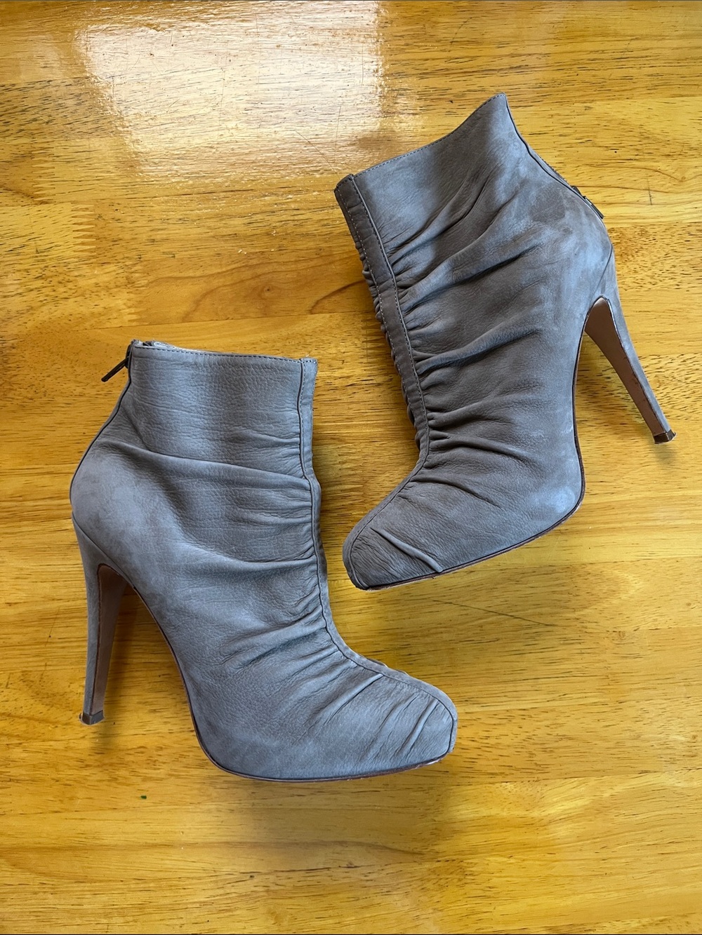 BRIAN ATWOOD Women's Taupe Ruched High Heel Ankle Boots
